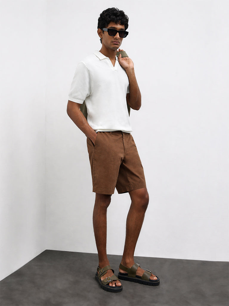 WES Casuals Brown Relaxed-Fit Mid-Rise Cotton-Blend Carpenter Shorts
