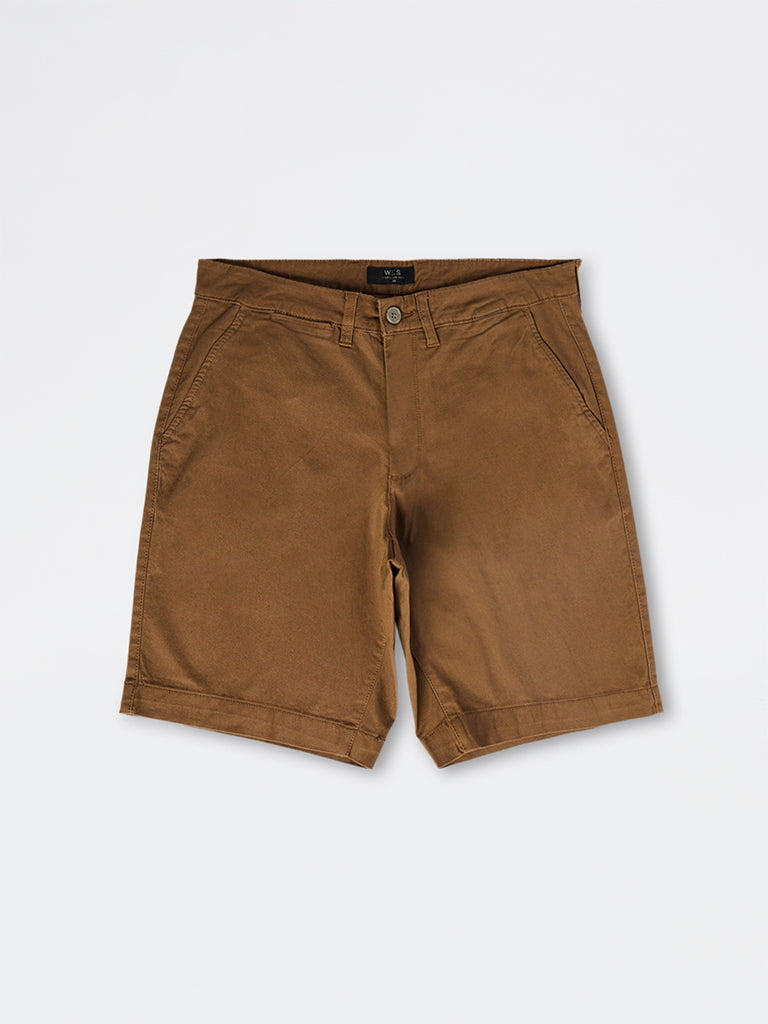 WES Casuals Brown Relaxed-Fit Mid-Rise Cotton-Blend Carpenter Shorts
