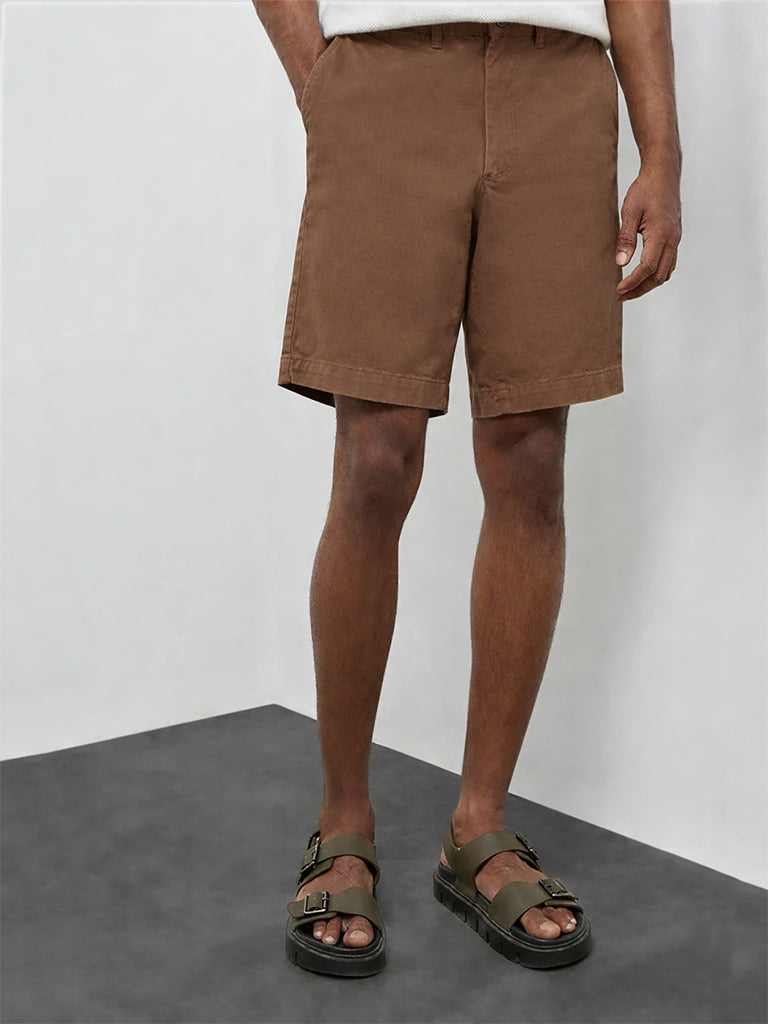 WES Casuals Brown Relaxed-Fit Mid-Rise Cotton-Blend Carpenter Shorts