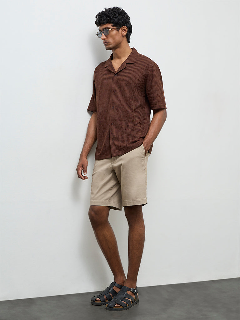 WES Casuals Beige Relaxed Fit Mid-Rise Cotton-Blend Shorts