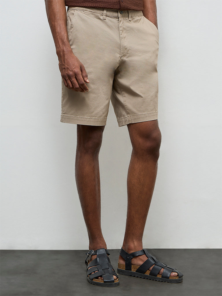 WES Casuals Beige Relaxed Fit Mid-Rise Cotton-Blend Shorts