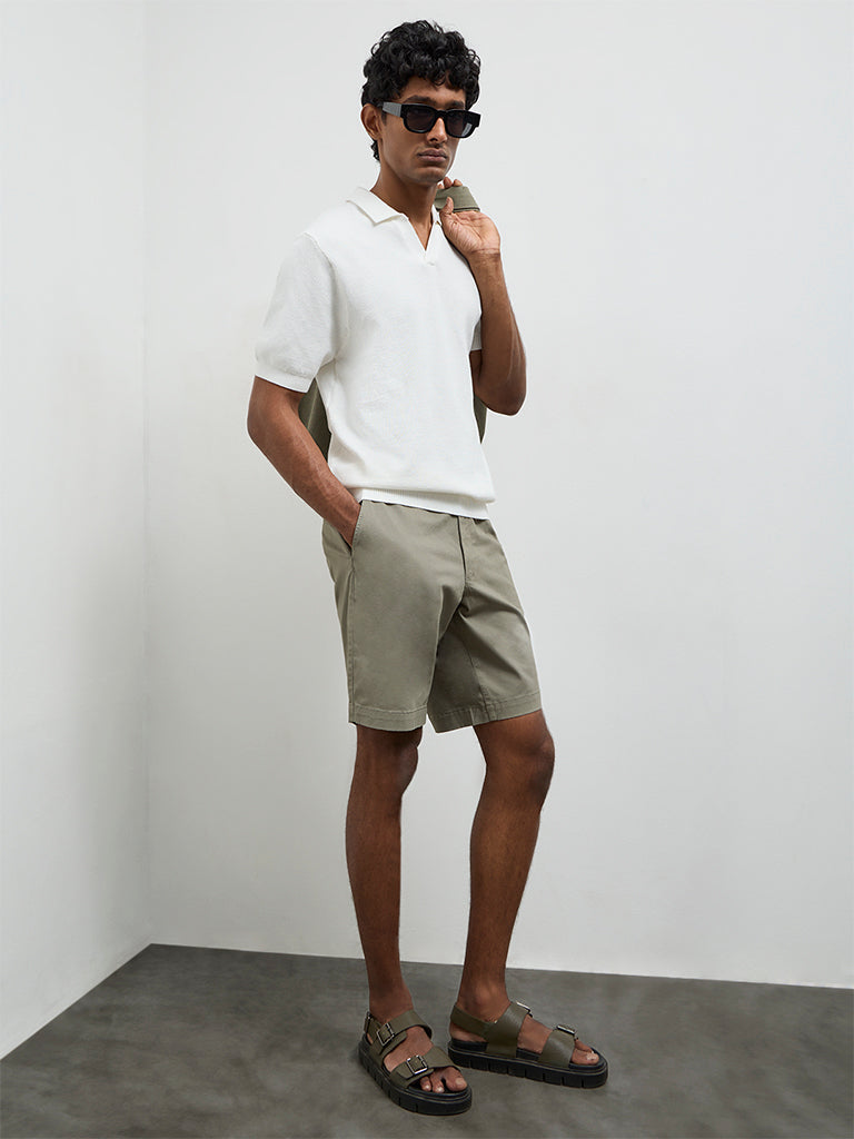 WES Casuals Olive Relaxed-Fit Mid-Rise Cotton-Blend Shorts