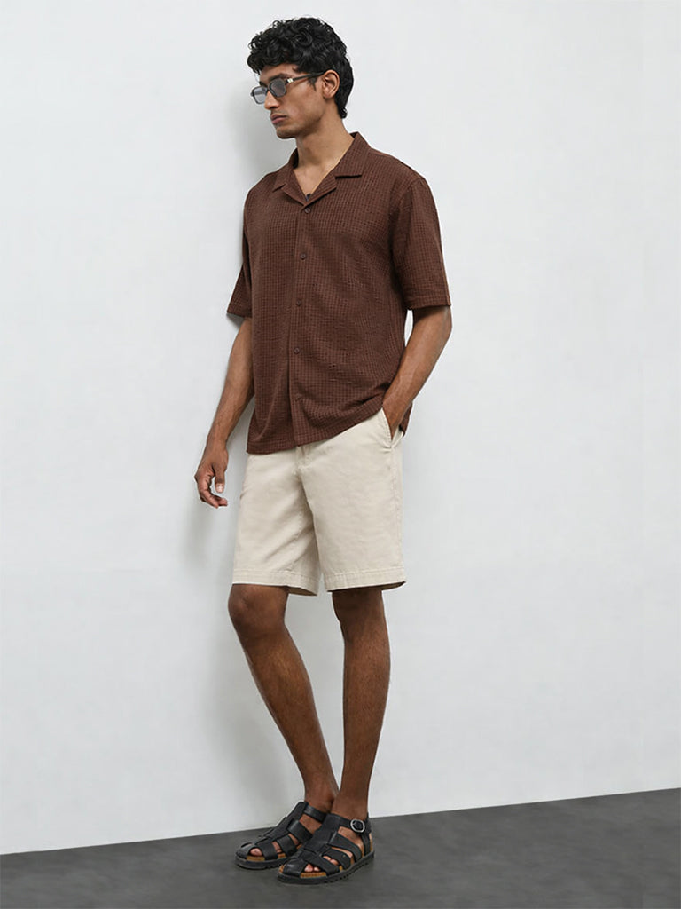 WES Casuals Light Beige Relaxed-Fit Mid-Rise Cotton-Blend Carpenter Shorts