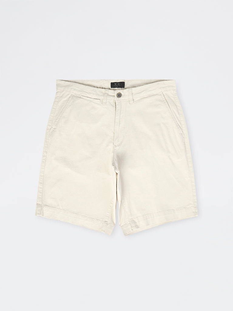 WES Casuals Light Beige Relaxed-Fit Mid-Rise Cotton-Blend Carpenter Shorts
