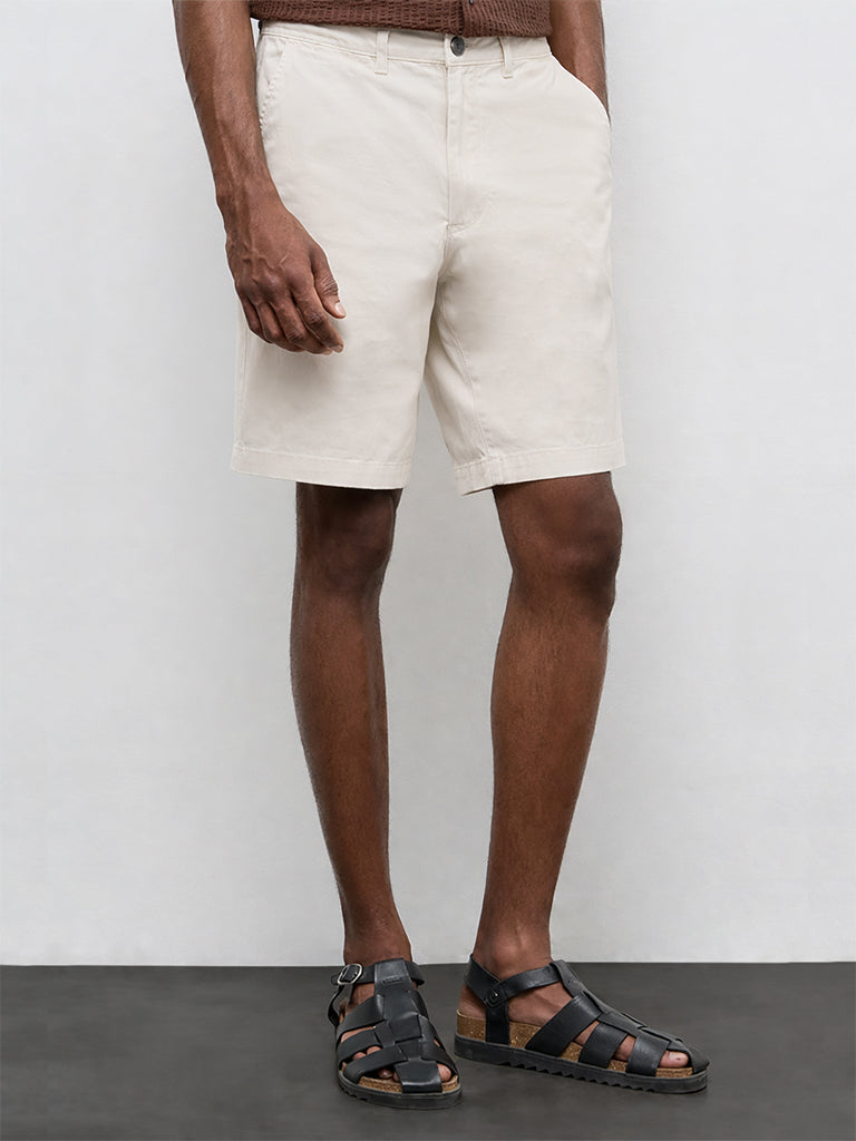 WES Casuals Light Beige Relaxed-Fit Mid-Rise Cotton-Blend Carpenter Shorts