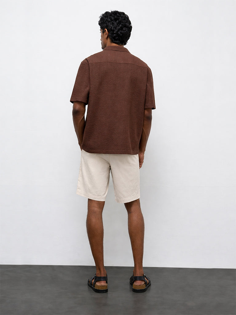 WES Casuals Light Beige Relaxed-Fit Mid-Rise Cotton-Blend Carpenter Shorts