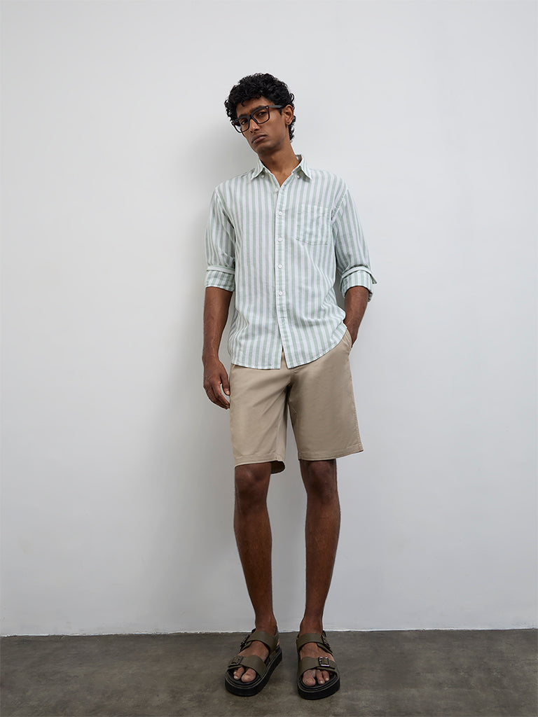 WES Casuals Beige Relaxed-Fit Mid-Rise Cotton-Blend Shorts