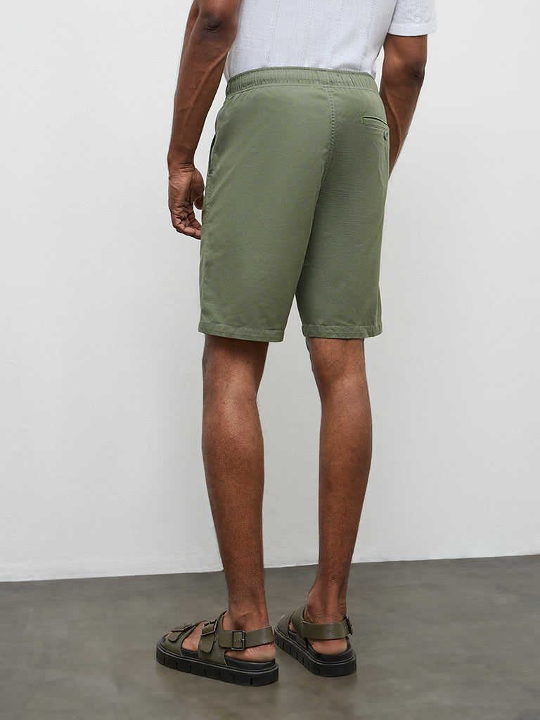 WES Casuals Dark Olive Relaxed-Fit Mid-Rise Cotton-Blend Shorts