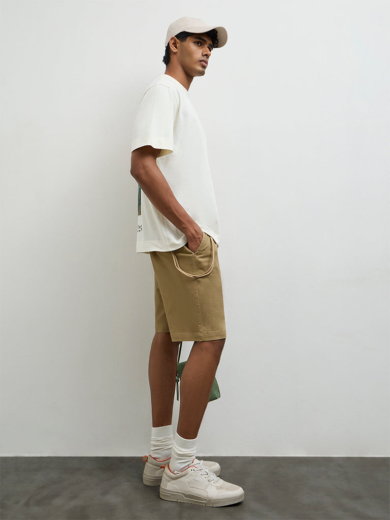 Nuon Taupe Solid Relaxed-Fit Mid-Rise Shorts