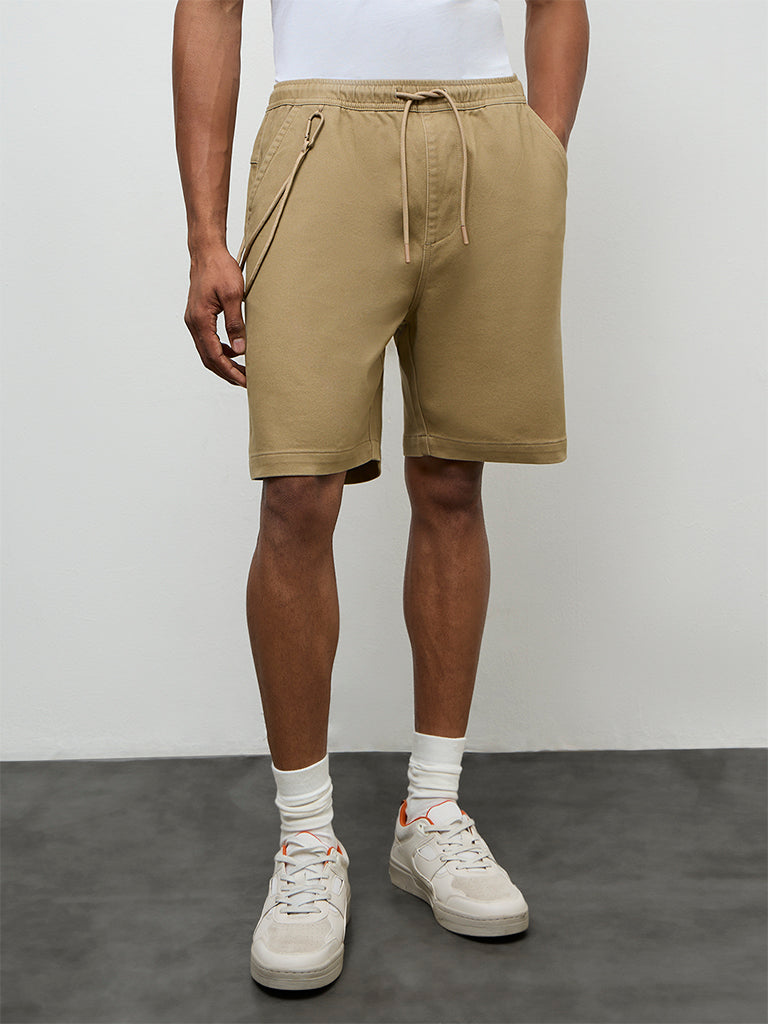 Nuon Taupe Solid Relaxed-Fit Mid-Rise Shorts