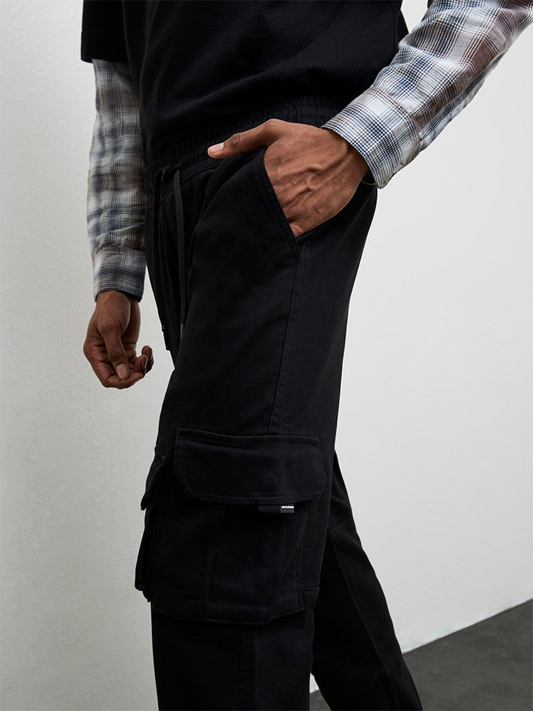 Nuon Black Relaxed-Fit Mid-Rise Cotton-Blend Cargo Pants