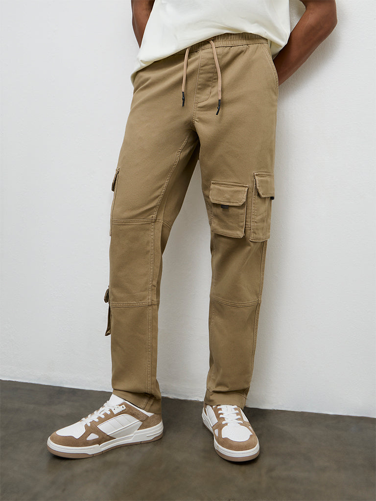 Nuon Taupe Relaxed-Fit Mid-Rise Cotton-Blend Cargo Pants