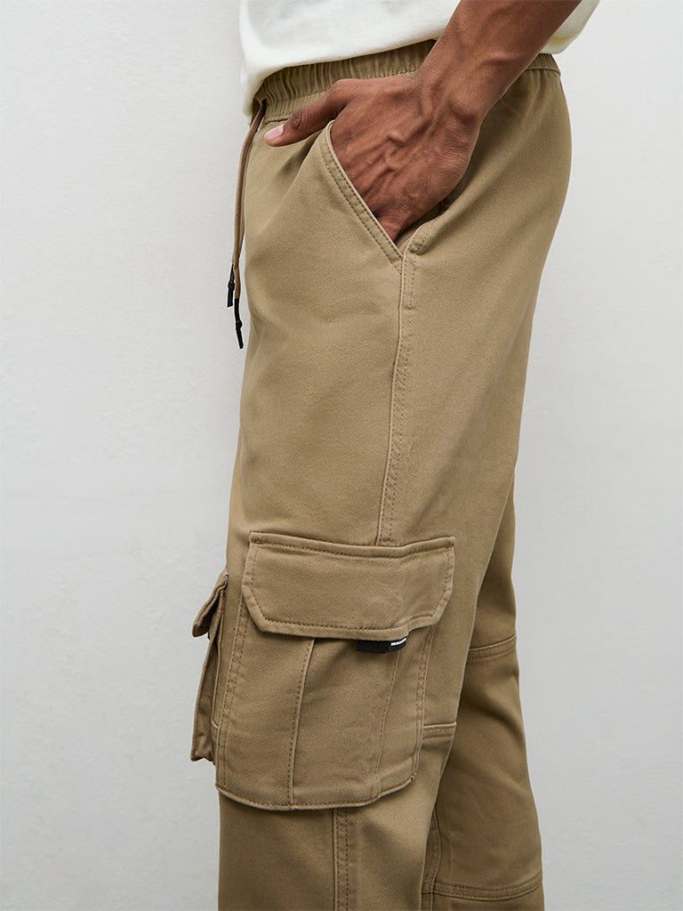 Nuon Taupe Relaxed-Fit Mid-Rise Cotton-Blend Cargo Pants