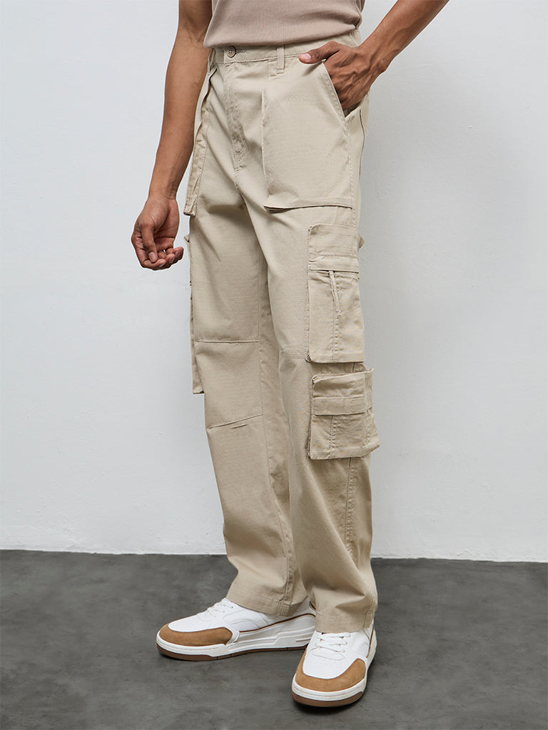 Nuon Beige Relaxed-Fit Mid-Rise Cotton Cargo Pants