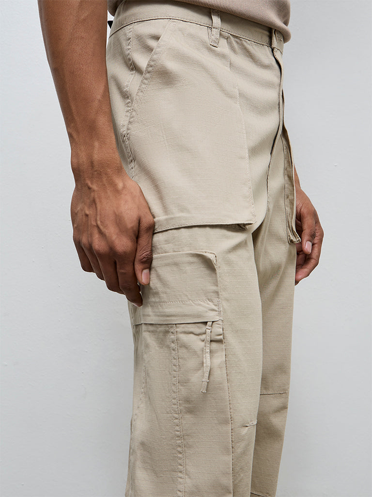 Nuon Beige Relaxed-Fit Mid-Rise Cotton Cargo Pants