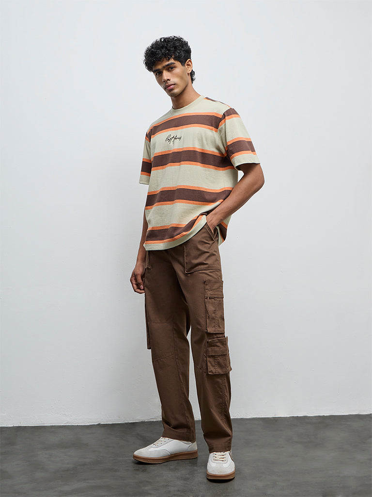 Nuon Brown Relaxed-Fit Mid-Rise Cotton Cargo Pants