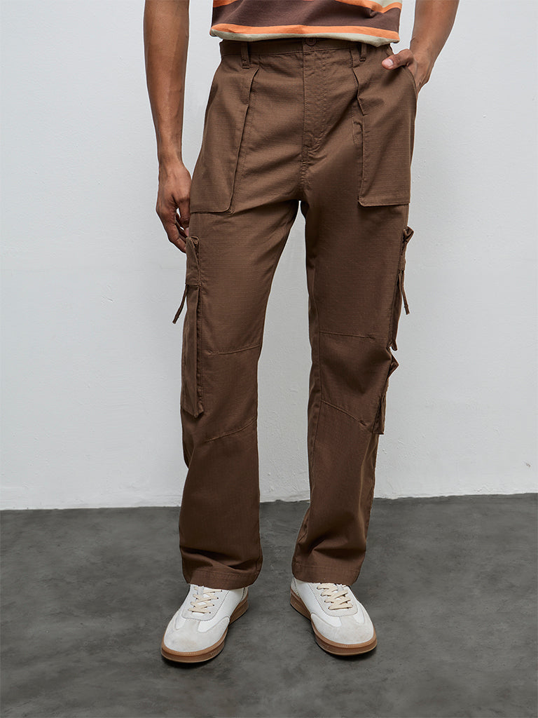 Nuon Brown Relaxed-Fit Mid-Rise Cotton Cargo Pants