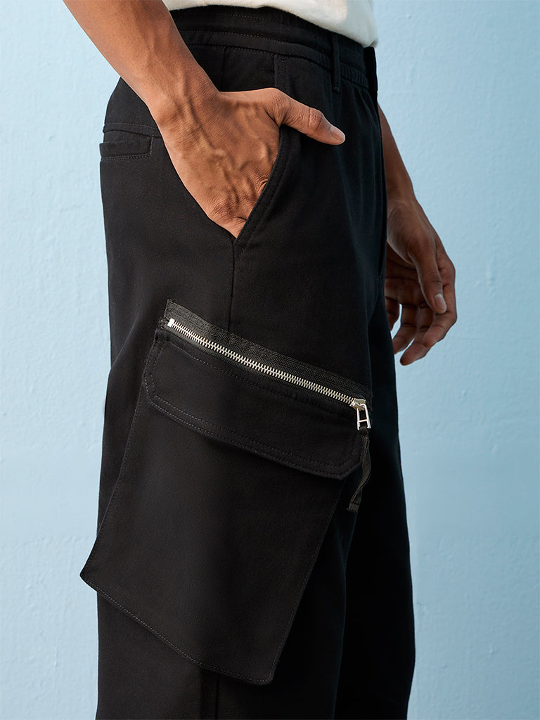 Nuon Black Relaxed-Fit Mid-Rise Cotton-Blend Cargo Pants