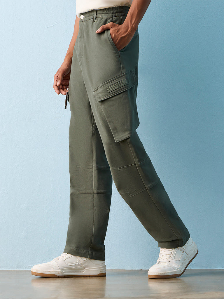 Nuon Olive Relaxed-Fit Mid-Rise Cotton Cargo Pants