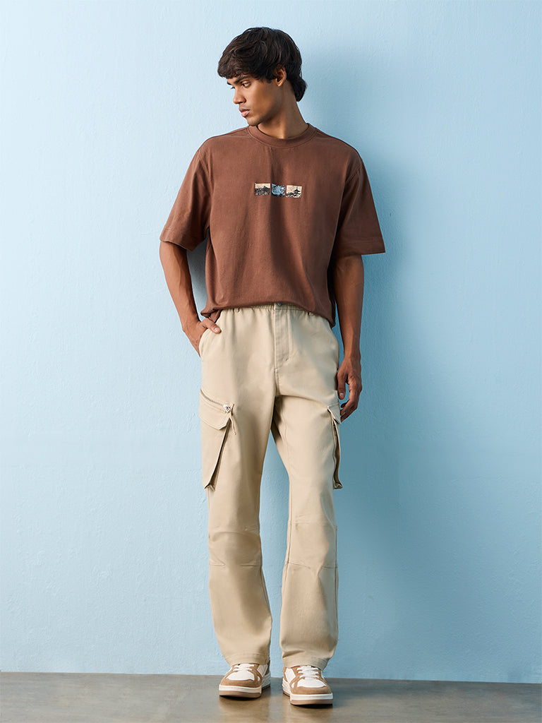 Nuon Light Beige Relaxed-Fit Mid-Rise Cotton-Blend Cargo Pants