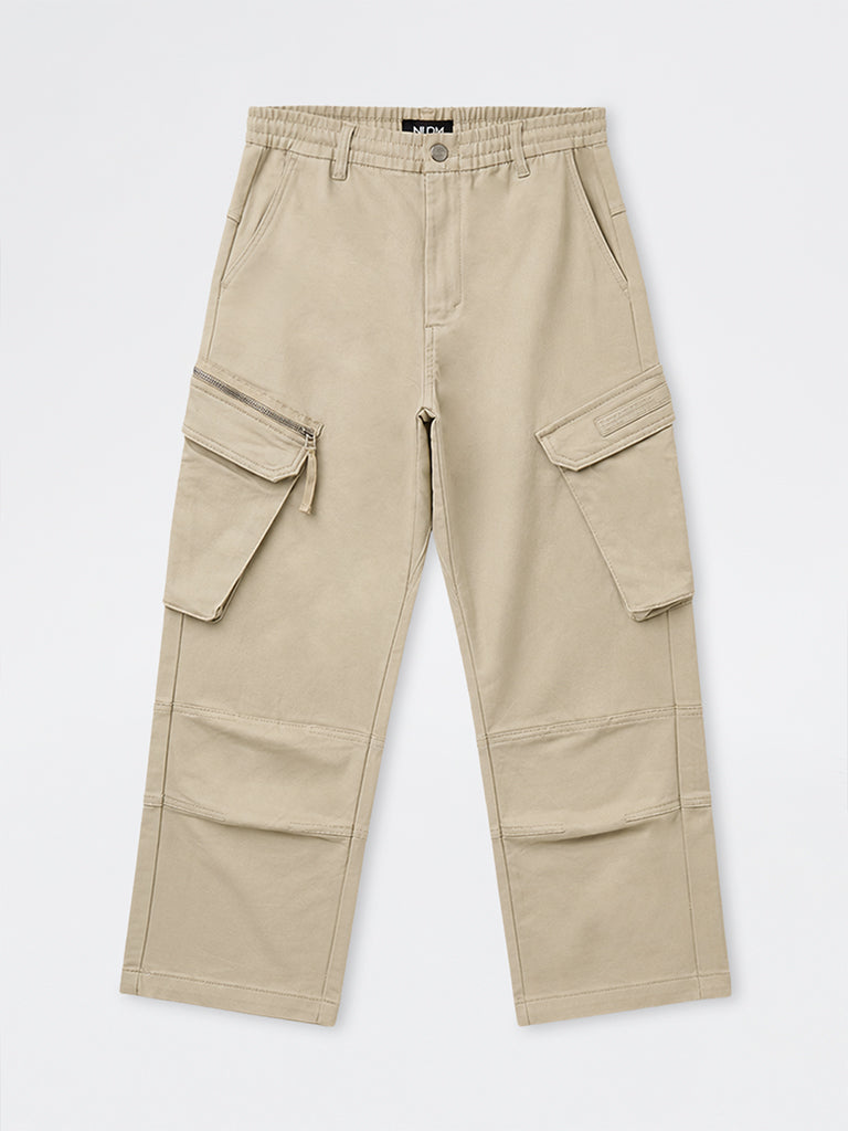 Nuon Light Beige Relaxed-Fit Mid-Rise Cotton-Blend Cargo Pants