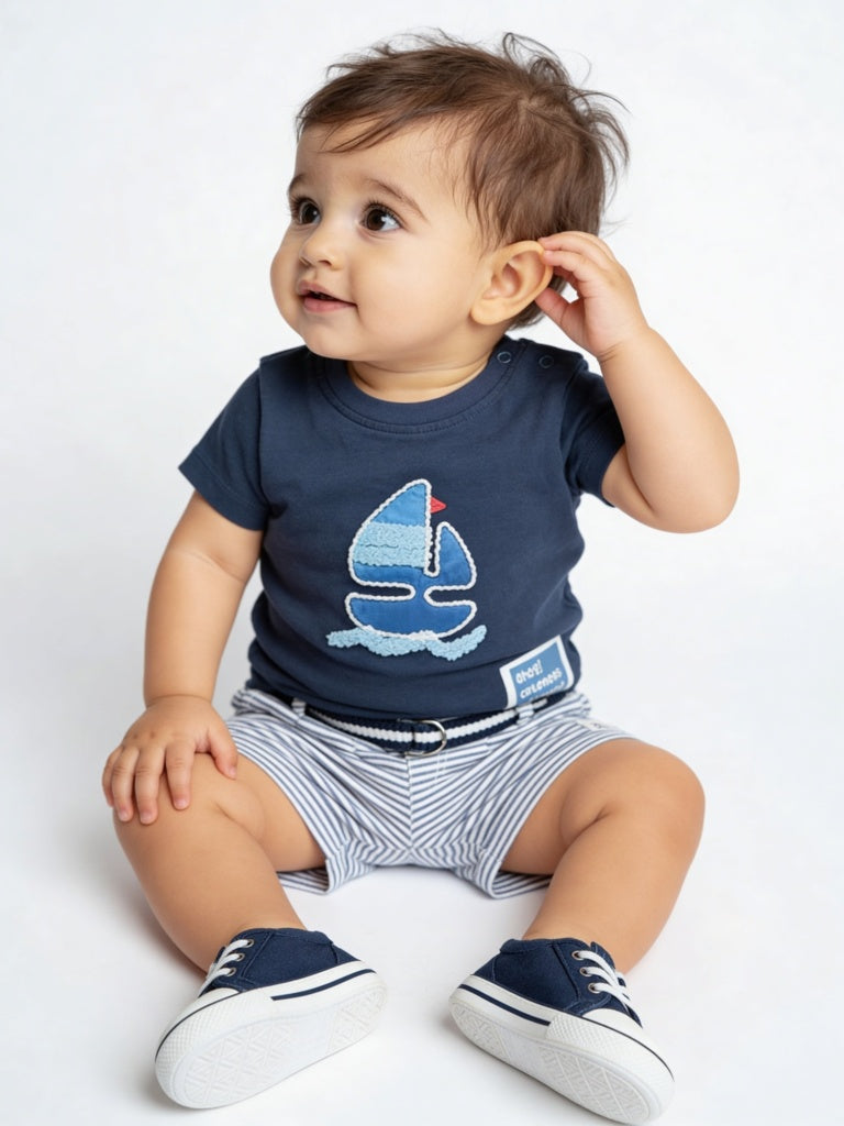HOP Baby Boys Navy Embroidered Cotton T-Shirt and Shorts Set