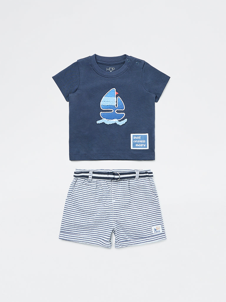 HOP Baby Boys Navy Embroidered Cotton T-Shirt and Shorts Set