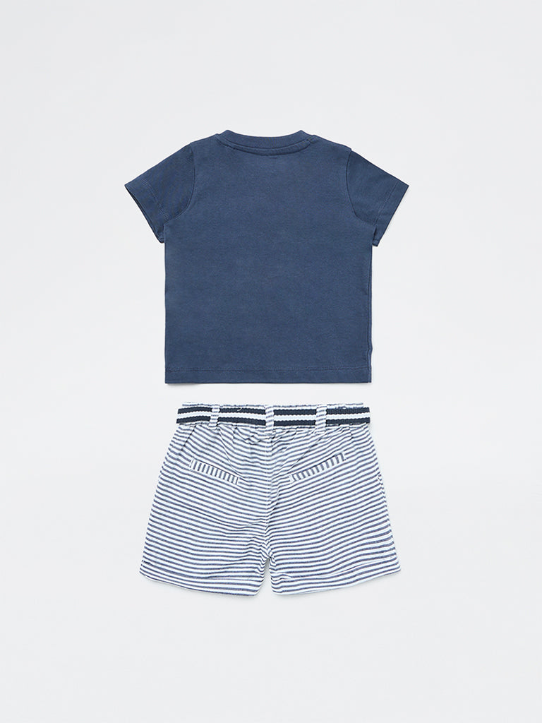 HOP Baby Boys Navy Embroidered Cotton T-Shirt and Shorts Set