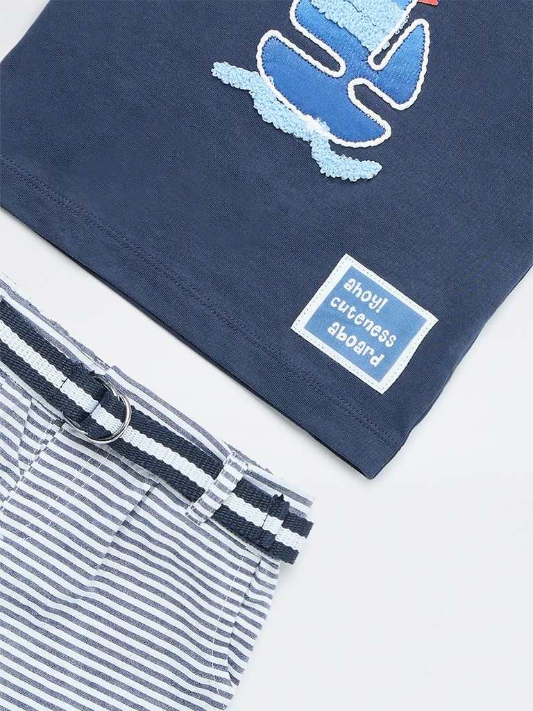 HOP Baby Boys Navy Embroidered Cotton T-Shirt and Shorts Set