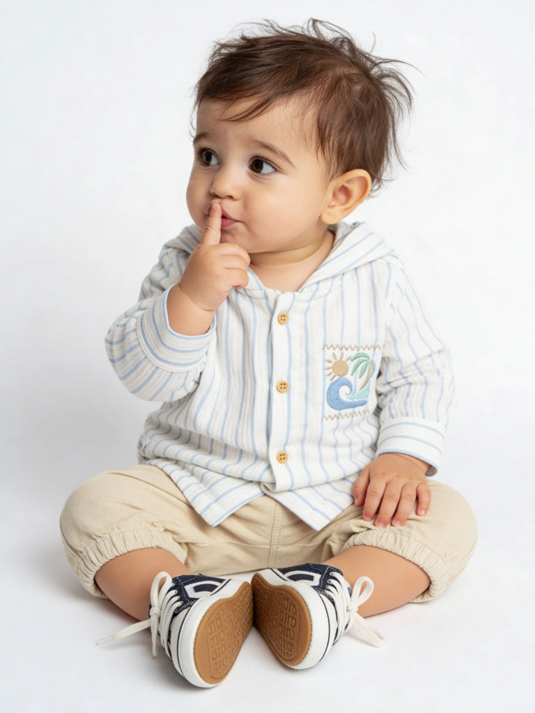 HOP Baby Boys White Striped Cotton Hooded Shirt