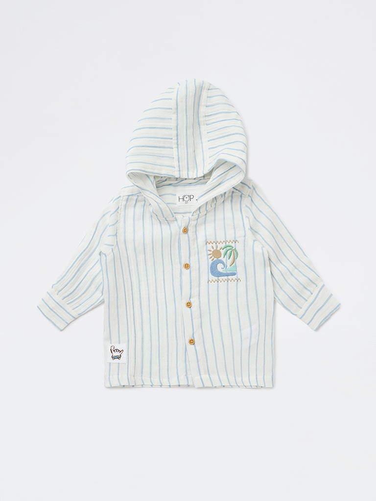 HOP Baby Boys White Striped Cotton Hooded Shirt