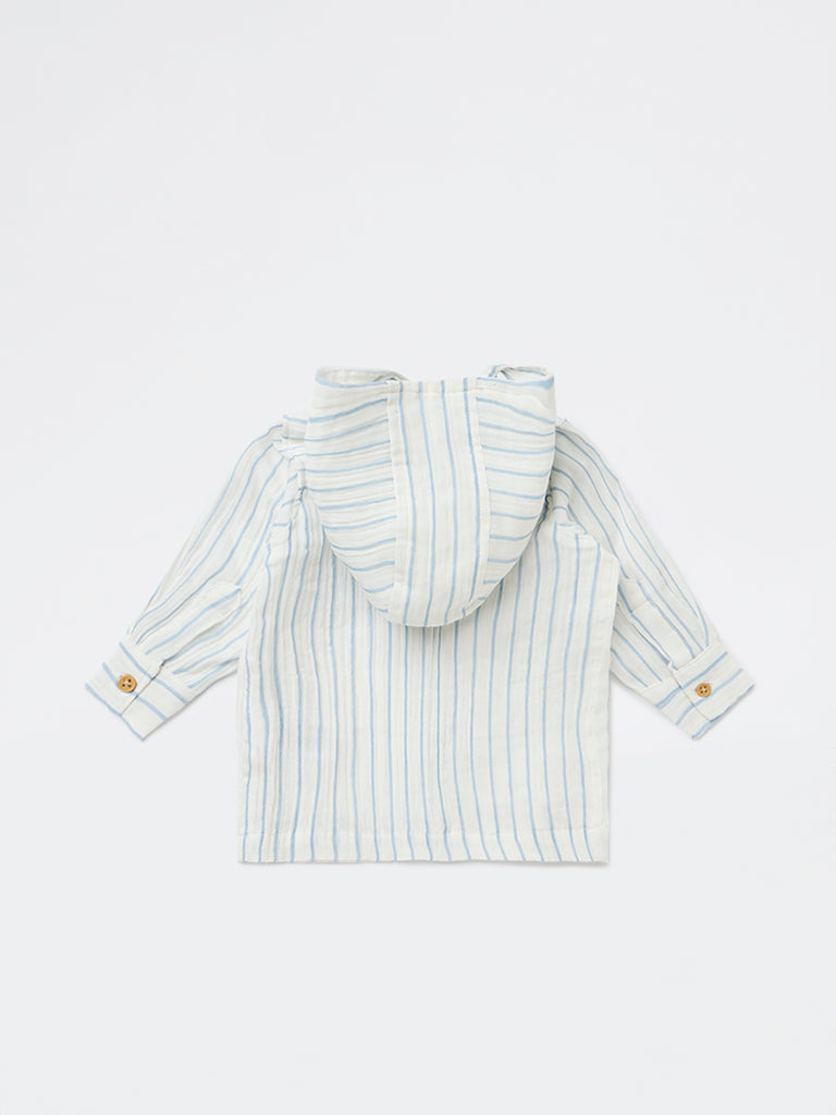 HOP Baby Boys White Striped Cotton Hooded Shirt