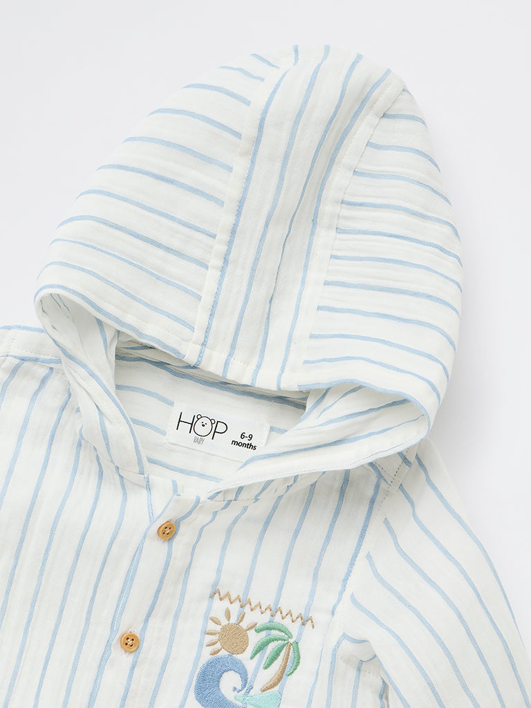 HOP Baby Boys White Striped Cotton Hooded Shirt