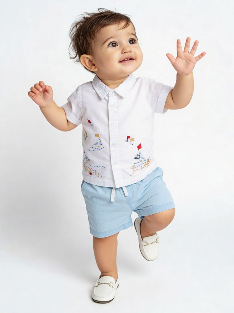 HOP Baby Boys White Embroidered Cotton-Blend Shirt and Shorts Set