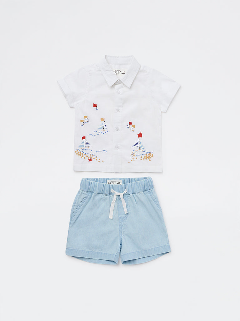 HOP Baby Boys White Embroidered Cotton-Blend Shirt and Shorts Set