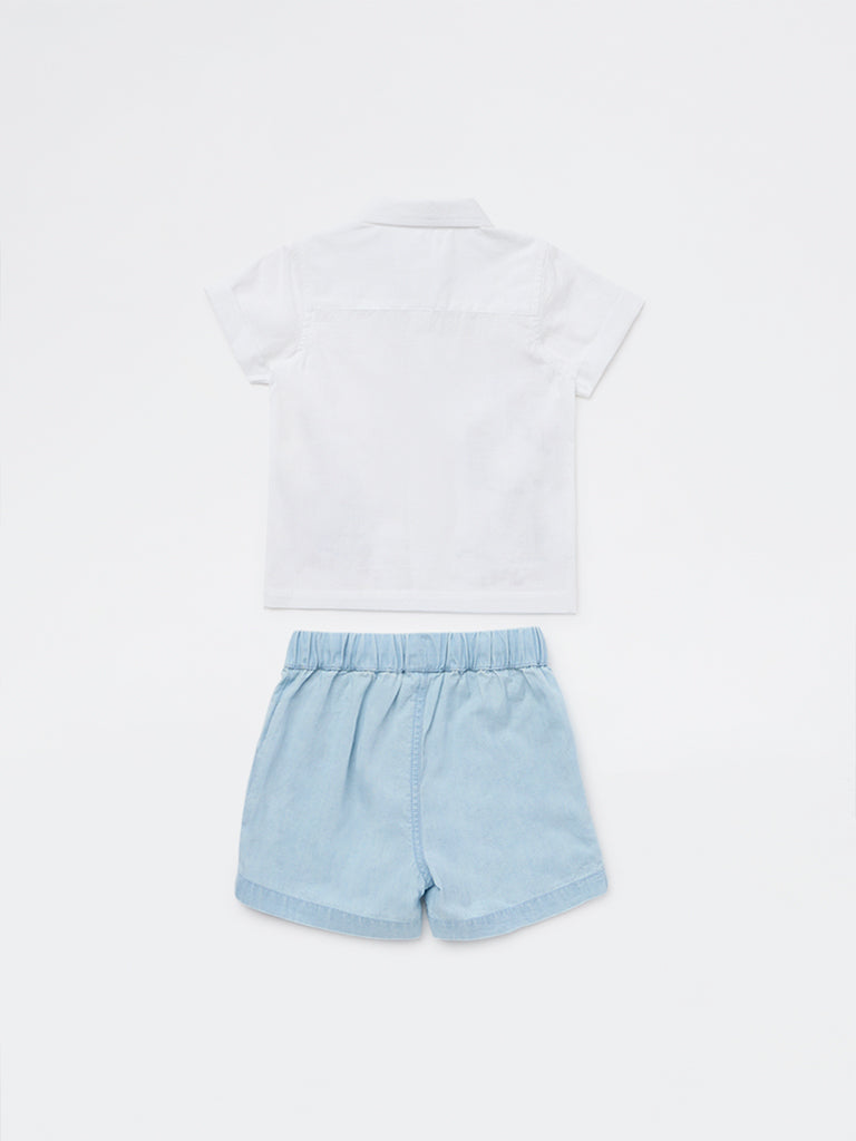 HOP Baby Boys White Embroidered Cotton-Blend Shirt and Shorts Set