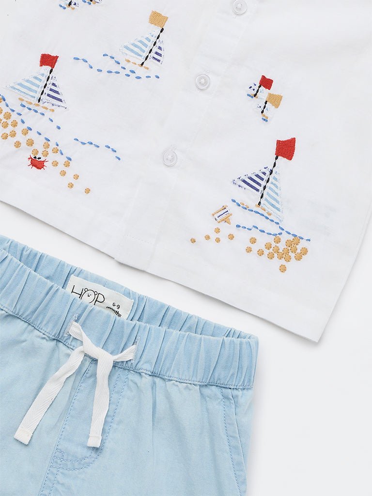 HOP Baby Boys White Embroidered Cotton-Blend Shirt and Shorts Set