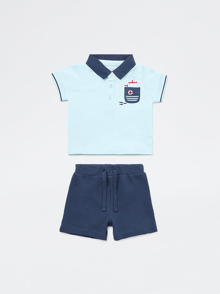 HOP Baby Boys Blue Cotton Polo T-Shirt and Shorts Set