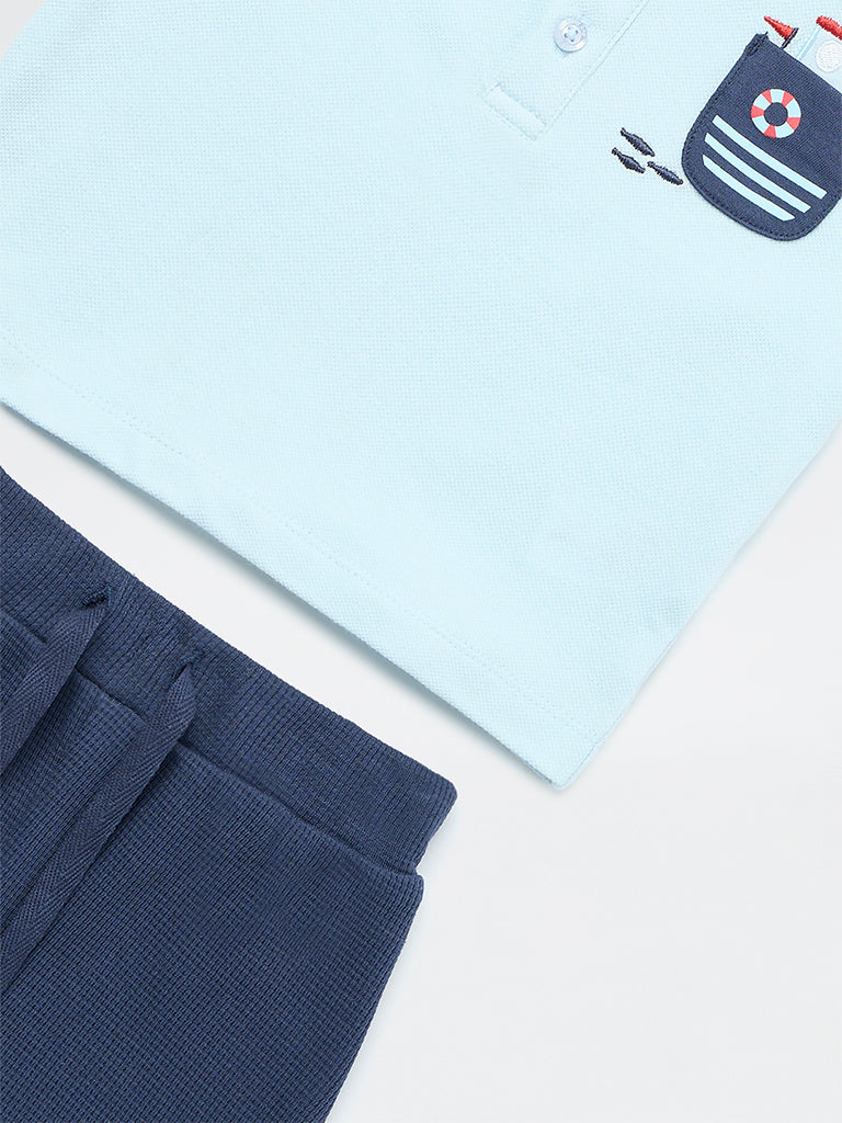 HOP Baby Boys Blue Cotton Polo T-Shirt and Shorts Set