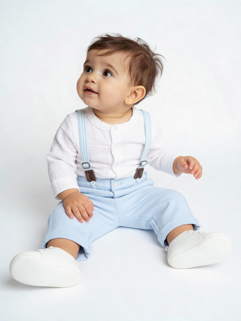 HOP Baby Boys Blue Cotton Shirt, Trousers and Suspenders Set