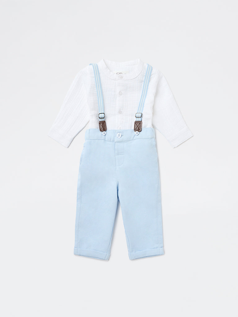 HOP Baby Boys Blue Cotton Shirt, Trousers and Suspenders Set