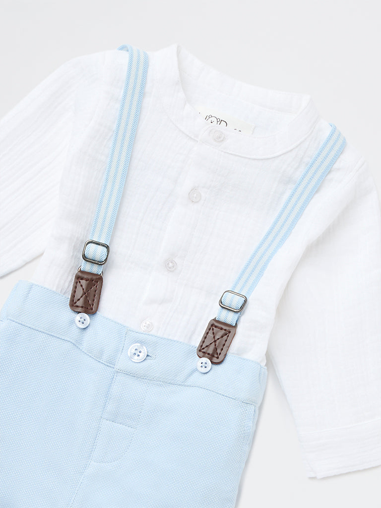 HOP Baby Boys Blue Cotton Shirt, Trousers and Suspenders Set