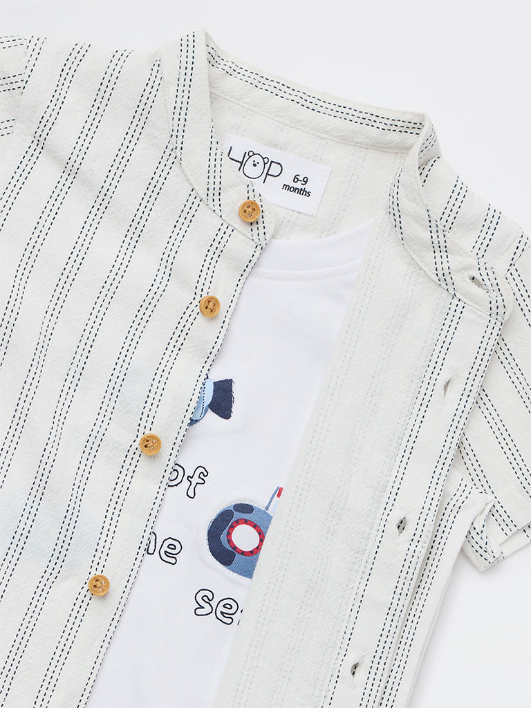 HOP Baby Boys White Striped Cotton Shirt