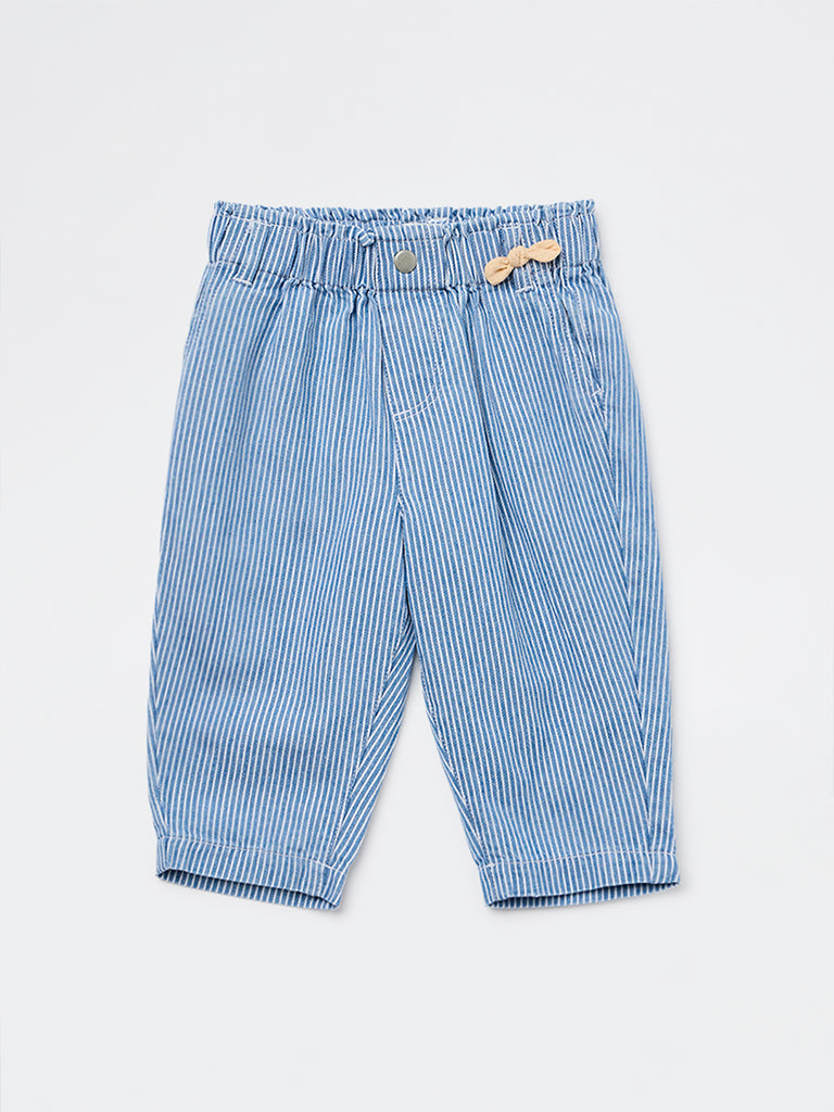 HOP Baby Girls Blue Striped Mid-Rise Cotton Pants