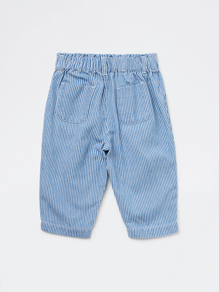 HOP Baby Girls Blue Striped Mid-Rise Cotton Pants