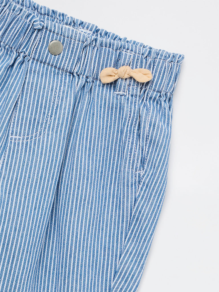 HOP Baby Girls Blue Striped Mid-Rise Cotton Pants