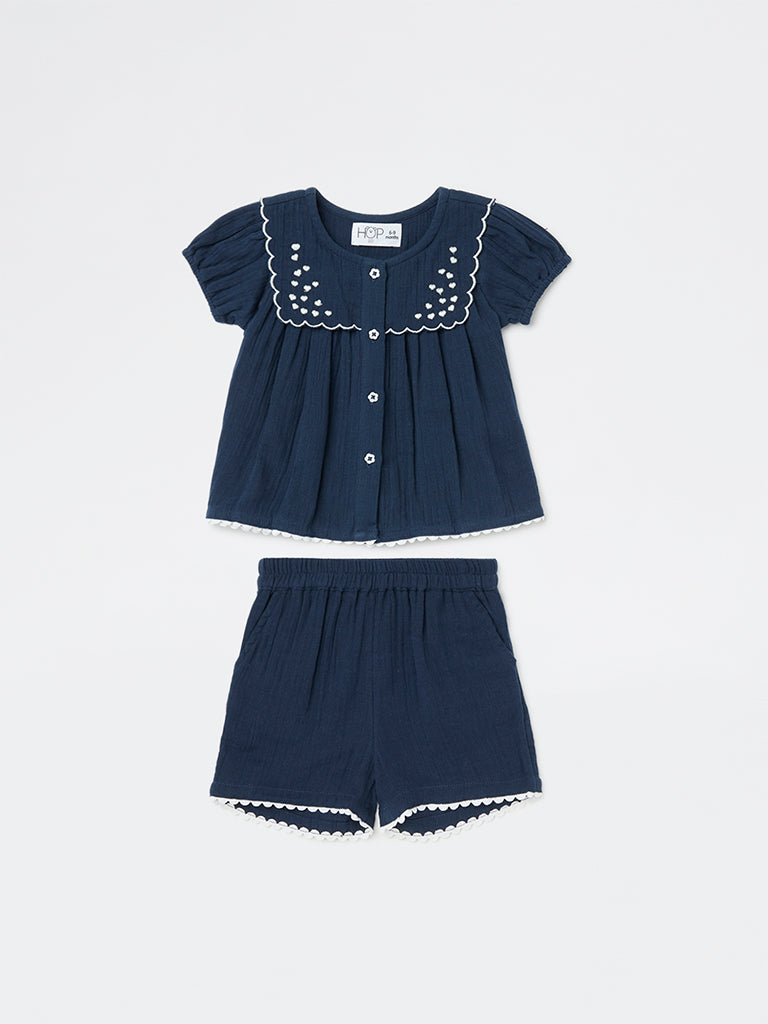 HOP Baby Girls Navy Crinkle-Textured Cotton Co-ord Set