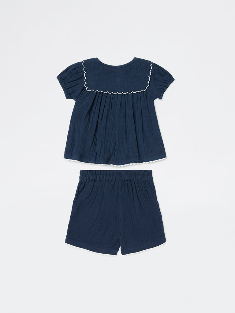 HOP Baby Girls Navy Crinkle-Textured Cotton Co-ord Set