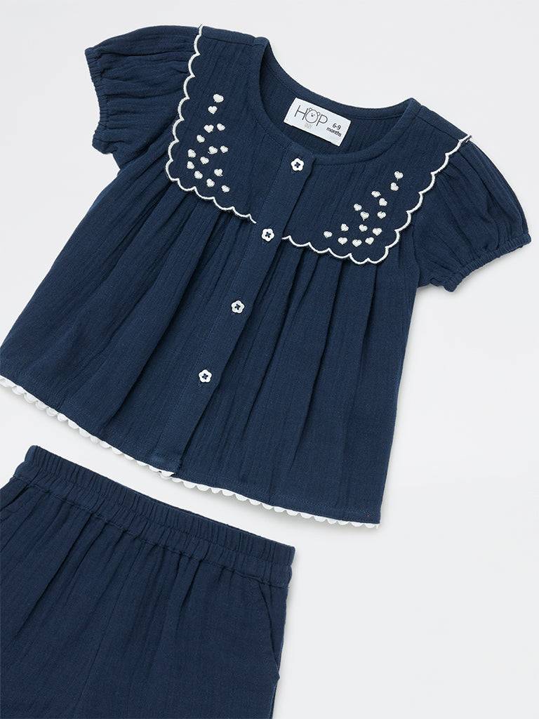 HOP Baby Girls Navy Crinkle-Textured Cotton Co-ord Set