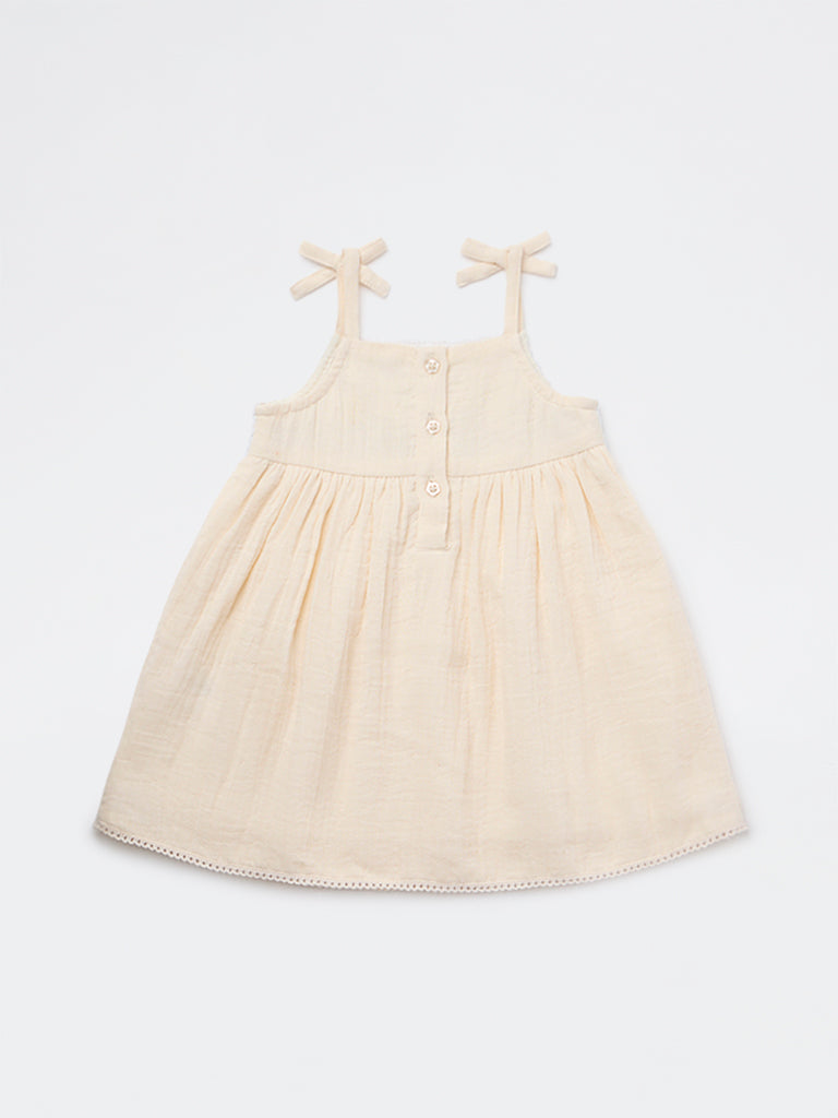 HOP Baby Girls Beige Embroidered A-Line Cotton Dress